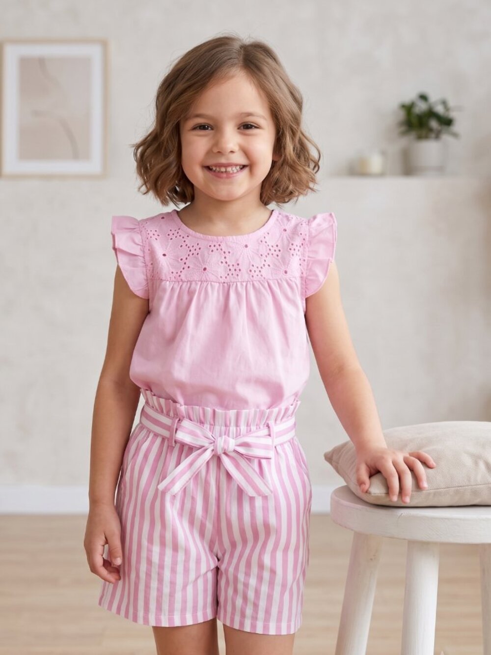 NWT | Orchid Pink Eyelet Ruffle Sleeve Top & Striped Paperbag Waist Shorts | 6/7